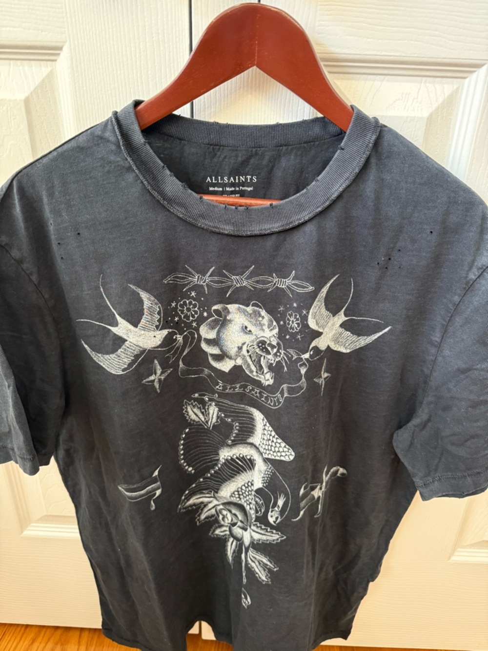 AllSaints Black Tee with White Swallow and Tiger Graphic